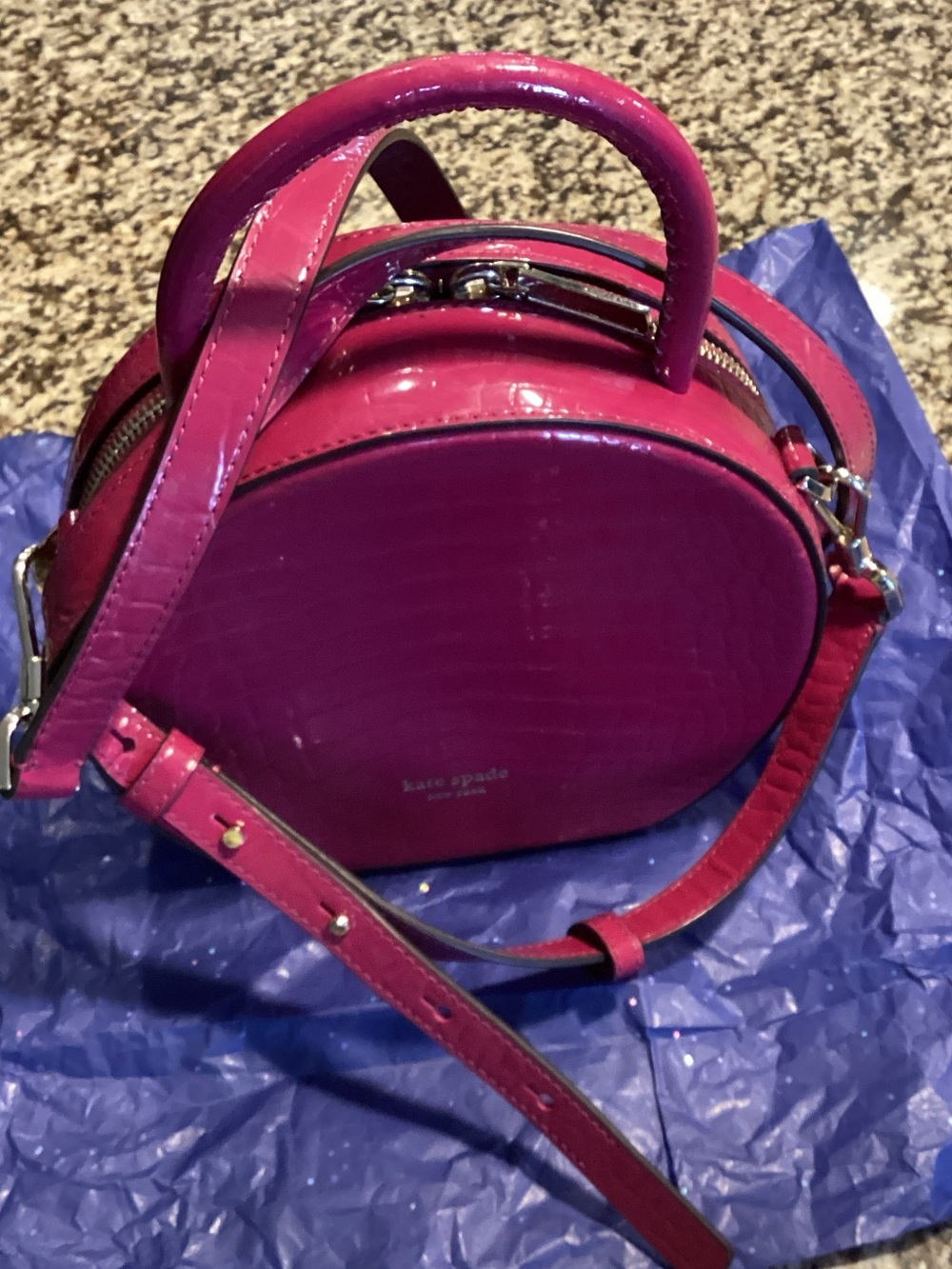 kate spade Hot Pink Patent  Magenta Croc Embossed Round Top Handle Mini Bag.